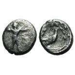 Southern Lucania, Sybaris, c. 453-448 BC. AR Triobol (9mm, 1.14g, 6h). Poseidon advancing r.,