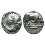 Southern Lucania, Thourioi, c. 350-300 BC. AR Stater (19mm, 6.53g, 12h). Head of Athena r.,