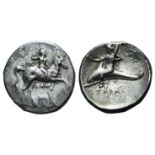 Southern Apulia, Tarentum, c. 280-272 BC. AR Nomos (21mm, 6.47g, 5h). Youth on horseback r.,