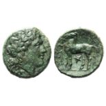 Bruttium, Nuceria, c. 225-200 BC. Æ (21mm, 8.43g, 3h). Laureate head of Apollo r. R/ Horse