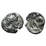 Southern Apulia, Tarentum, c. 380-325 BC. AR Diobol (12mm, 1.04g, 10h). Helmeted head of Athena