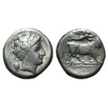 Campania, Neapolis, c. 300-275 BC. AR Didrachm (18mm, 6.93g, 12h). Head of nymph r.; amphora to l.