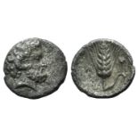 Southern Lucania, Metapontion, c. 325-275 BC. AR Diobol (11mm, 1.02g, 12h). Laureate head of Zeus