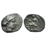 Bruttium, Terina, c. 400-356 BC. AR Triobol (12mm, 0.93g, 12h). Head of nymph r.; TE to r. R/ Nike