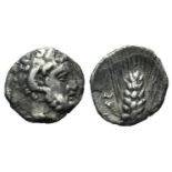 Southern Lucania, Metapontion, c. 325-275 BC. AR Diobol (10mm, 0.85g, 3h). Bearded head of Zeus