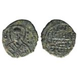 Italy, Sicily, Messina, Ruggero II (1105-1130). Æ Follaro (14mm, 1.07g, 12h). Nimbate bust of S.