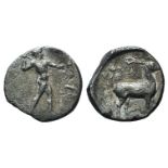 Bruttium, Kaulonia, c. 420-410 BC. AR Stater (21mm, 6.88g, 6h). Apollo advancing r., holding branch;