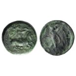 Sicily, Himera, c. 420-410 BC. Æ Tetras (15mm, 2.77g, 7h). Pan as a youth, holding thyrsos over