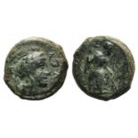 Sicily, Athl-, c. 344-339 BC. Æ (14mm, 3.33g, 12h). Helmeted head of Athena r. R/ Female figure