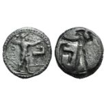 Bruttium, Kaulonia, c. 500-480 BC. AR Drachm (15mm, 2.20g, 12h). Apollo advancing r., holding