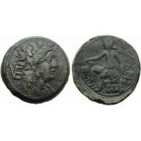 Apulia, Venusia, Nummus, c. 210-200 BC; AE (g 29,29; mm 34; h 11); Head of Dionysios r., wearing ivy