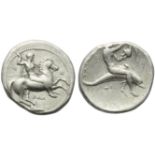 Lucania, Tarentum, Nomos, c. 380-340 BC; AR (g 7,64; mm 23; h 6); Horseman galloping r., holding