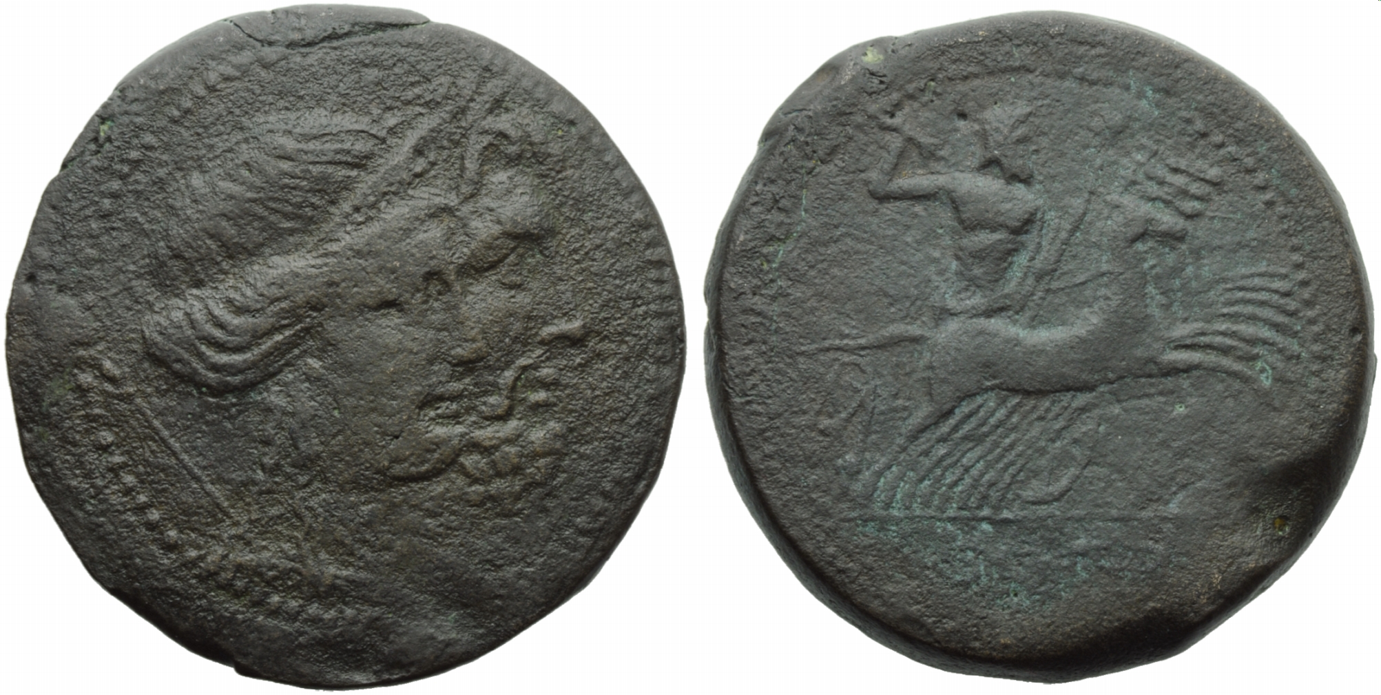 Campania, Capua, As, c. 216-211 BC; AE (g 40,43; mm 38; h 2); Jugate bust of Juno, diademed and