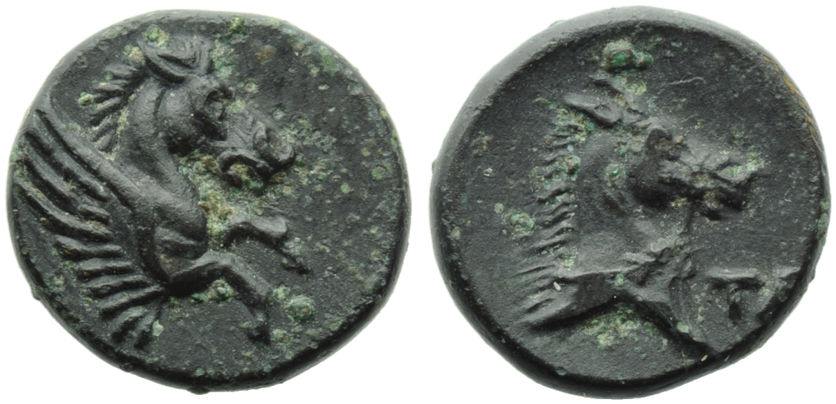 Apulia, Tarentum, Bronze, c. 275-200 BC; AE (g 1,76; mm 12; h 6); Forepart hippocamp r., Rv. Head of