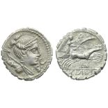 Ti. Claudius Ti.f. Ap.n., Denarius serratus, Rome, 79 BC; AR (g 3,68; mm 19; h 5); Draped bust of