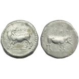 Bruttium, Laos, Stater, c. 480-460 BC; AR (g 7,97; mm 19; h 12); NO? (retrograde), man headed bull