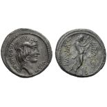 Q. Pomponius Musa, Denarius, Rome, 66 BC; AR (g 3,41; mm 19; h 5); Head of Apollo r., hair tied with