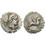 L. Papius, Denarius serratus, Rome, 79 BC; AR (g 3,84; mm 18; h 2); Head of Juno Sospita r.; behind,