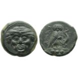 Sicily, Kamarina, Tetras, c. 420-405 BC; AE (g 3,44; mm 15; h 12); Gorgoneion, Rv. KAMA, owl