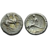 Apulia, Tarentum, Nomos, c. 332-302 BC; AR (g 7,81; mm 20; h 7); Horseman galloping r., holding