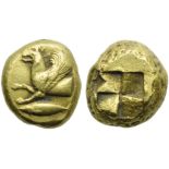 Ionia, Kyzicos, Stater, c. 550-500 BC; EL (g 16,10; mm 18; h 12); Forepart of griffin l.; below,