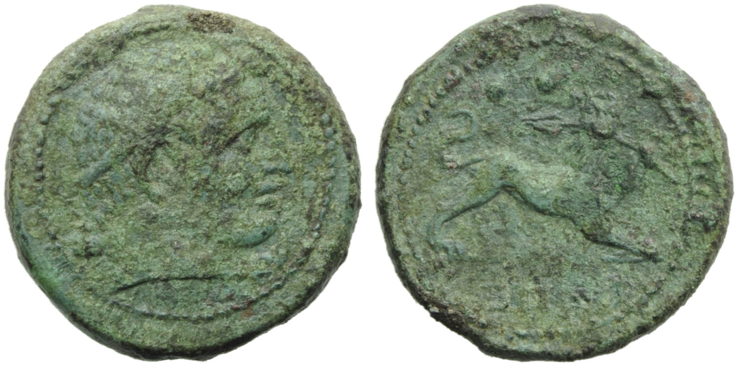 Campania, Capua, Biunx, c. 216-211 BC.; AE (g 11,69; mm 25; h 6); Diademed head of Herakles r., club