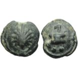 Apulia, Luceria, Cast Biunx, c. 225-217 BC; AE (g 24,15; mm 29; h 9); Scallop shell, Rv. Astragalos;