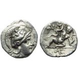 Apulia, Tarentum, Diobol, c. 250-230 BC; AR (g 0,99; mm 11; h 9); Head of Athena r., wearing Attic