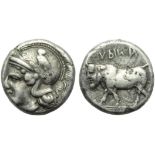 Campania, Hyria, Plated Didrachm, c. 405-385 BC; AR (g 6,17; mm 18; h 2); Head of Athena l., wearing