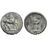 Sicily, Leontinoi, Didrachm, c. 475-455 BC; AR (g 8,68; mm 21; h 1); Horseman galopping r., Rv. ?
