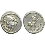 Mn. Cordius Rufus, Denarius, Rome, 46 BC; AR (g 4,07; mm 19; h 2); Jugate heads of the Dioscuri