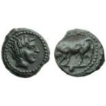 Sicily, Gela, Onkia, c. 420-405 BC; AE (g 1,07; mm 11; h 9); [?]????, bull charging r., on