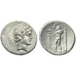 L. Marcius Censorinus, Denarius, Rome, 82 BC; AR (g 3,81; mm 19; h 10); Laureated head of Apollo r.,