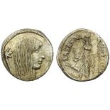 L. Hostilius Saserna, Denarius, Rome, 48 BC; AR (g 3,64; mm 18; h 3); Female head r., with long