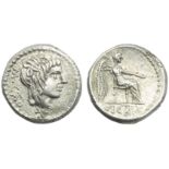M. Porcius Cato, Quinarius, Rome, 89 BC; AR (g 2,17; mm 14; h 6); Head of Liber r., wearing ivy-
