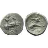 Apulia, Tarentum, Nomos, c. 332-302 BC; AR (g 7,79; mm 21; h 5); Horseman galloping r., holding
