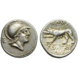 P. Satrienus, Denarius, Rome, 77 BC; AR (g 3,95; mm 18; h 7); Helmeted head of Roma r.; behind,