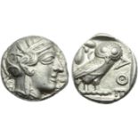 Attica, Athens, Tetradrachm, c. 479-393 BC; AR (g 17,15; mm 23; h 9); Head of Athena r., wearing