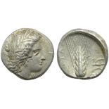 Lucania, Metapontion, Stater, c. 400-340 BC; AR (g 7,92; mm 20; h 11); Head of Demeter r., wearing