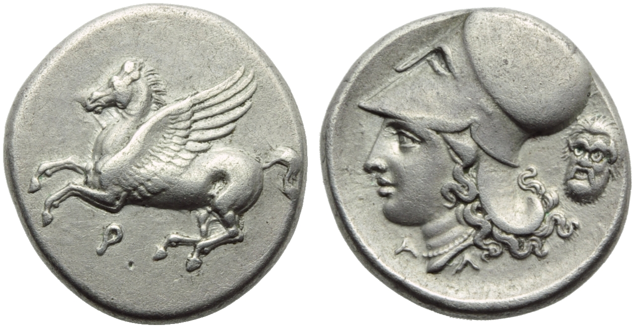 Corinthia, Corinth, Stater, c. 345-307 BC; AR (g 8,47; mm 22; h 2); Pegasos flying l.; below, ?, Rv.
