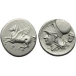 Corinthia, Corinth, Stater, c. 345-307 BC; AR (g 8,47; mm 22; h 2); Pegasos flying l.; below, ?, Rv.