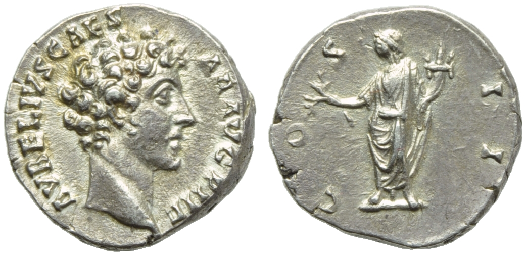 Marcus Aurelius, as Caesar (Antoninus Pius, 138-161), Denarius, Rome, AD 145-147; AR (g ; mm 17; h