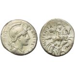 P. Fonteius P.f. Capito, Denarius, Rome, 55 BC; AR (g 3,83; mm 17; h 1); Helmeted and draped bust of