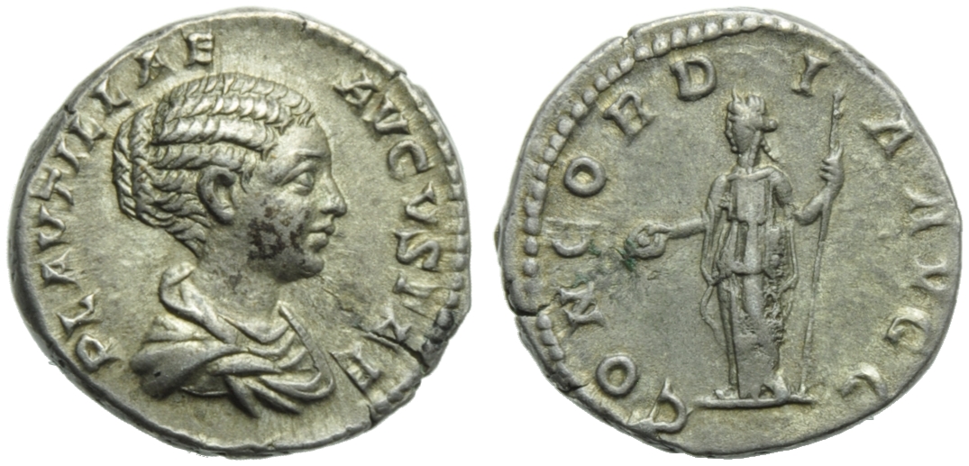 Plautilla (Caracalla, 198-217), Denarius, Rome, AD 202-205; AR (g 3,45; mm 18; h 12); PLAVTILLAE -