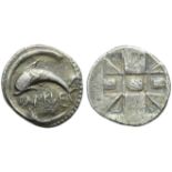 Sicily, Zankle, Chalkidian Drachm, c. 520-493 BC; AR (g 5,51; mm 22; h 11); DANK?E, dolphin swimming