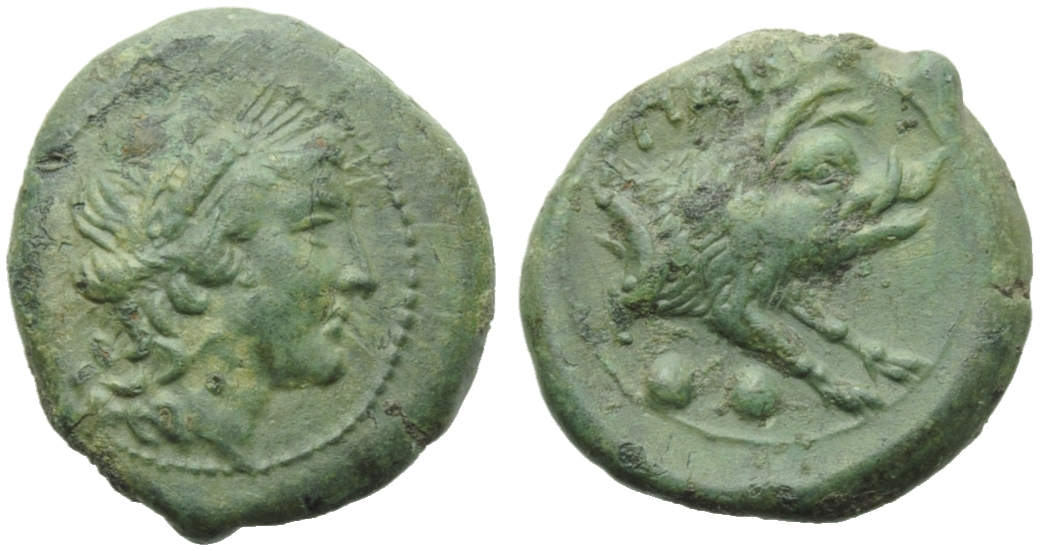 Lucania, Paestum, Sextans, c. 218-201 BC; AE (g 4,41; mm 19; h 5); Head of Ceres r., wearing