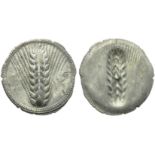 Lucania, Metapontion, Stater, c. 540-510 BC; AR (g 8,17; mm 28; h 12); ME[T]A, barley ear, Rv.