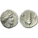 Lucania, Metapontion, Didrachm, c. 225-200 BC; AR (g 8,00; mm 20; h 9); Veiled head of Demeter r.,