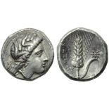 Lucania, Metapontion, Stater, c. 330-290 BC; AR (g 7,67; mm 20; h 4); Head of Demeter r., wearing