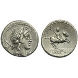 P. Crepusius, Denarius, Rome, 82 BC; AR (g 3,88; mm 17; h 8); Laureate head of Apollo r.; behind,